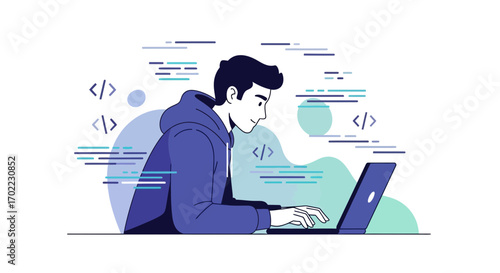 A Stylish Illustration of a Programmer Working on a Laptop and Developing Code