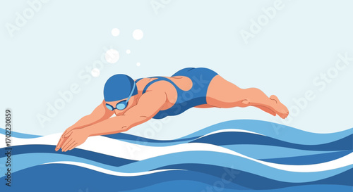 A swimmer dives into the water ready to begin swimming in a graphic design