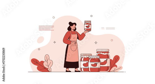 Animated Woman Harvesting And Preserving Fresh Peppers Vector Illustration For Marketing