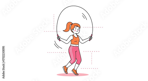 Animated, Athletic Woman Jumps Rope on a White Background in Graphic Style