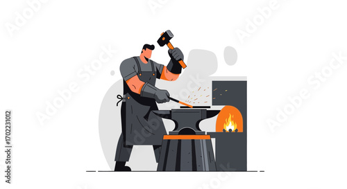 Artisan Blacksmith Working, Illustrative Illustration of a Person Forging Metal with Tools