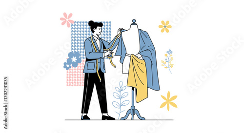 Artisan Measuring Fabric on a Mannequin, Stylish Fashion Creation and Tailoring Process