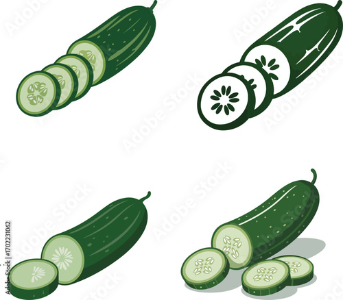 Set of fresh cucumbers and cucumber slices on white background