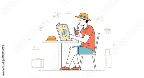 A Tourist Planning His Trip with a Map, Drinks a Beverage, and Looking Forward