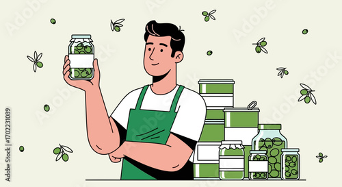 Artisanal Olive Producer Proudly Presenting Freshly Preserved Olives and Olive Products