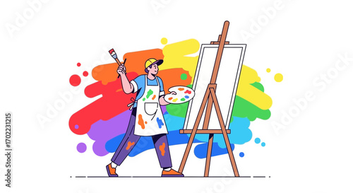 Artist creating colorful painting with a paintbrush on an easel and paint palette