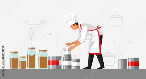 A vector illustration of a chef preparing food in the kitchen, culinary concept