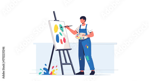 Artist Creates A Vibrant Artwork Using Paintbrushes And A Palette On An Easel