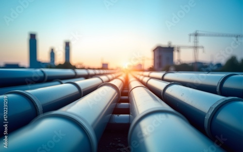 An abstract composition of industrial pipelines under a blue sky, bathed in morning light. High quality