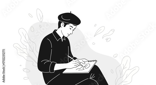 Artist drawing in a sketchbook illustration of a painter working on a creative project