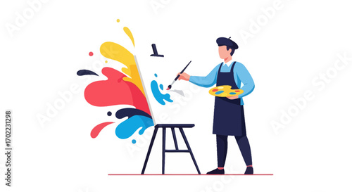 Artist Creating Vibrant Artwork on Canvas With Bursting Color Splashes and Artistic Palette