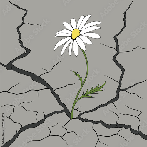 A single delicate daisy bravely blooms through a surface of cracked concrete symbolizing resilience and hope in challenging environments