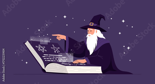 A wizard with a long white beard reading a spellbook in magical surroundings