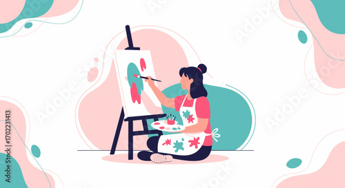 Artist Painting on Canvas Easel, Creativity and Artistic Expression Illustration