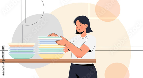 A woman arranging plates in a kitchen, an illustration of domestic chores