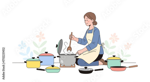 A Woman Cooking In The Kitchen Preparing Food With Cooking Utensils For Lunch