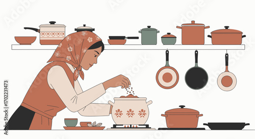 A woman cooking in the kitchen with pots and pans and floral headscarf