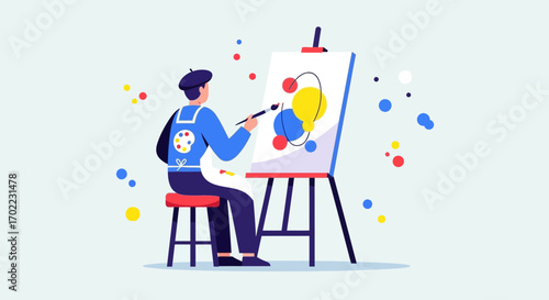 Artist painting on easel creative art concept colorful drawing with abstract shapes
