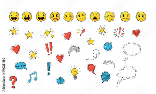 Colorful Hand Drawn Emoji Icons – Cute Doodle Faces, Symbols, and Expressions Clipart