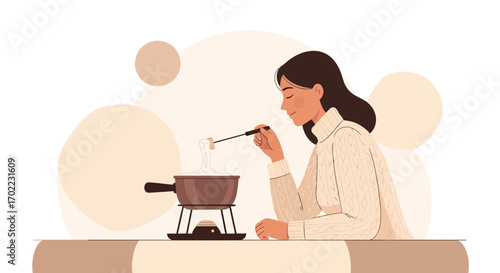 A woman enjoying fondue, a cozy and relaxing scene illustration, a warm winter activity
