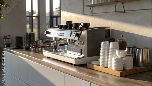 modern coffee station espresso machine with cups