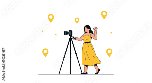 A Woman Filming a Video with a Camera on a Tripod with Location Markers