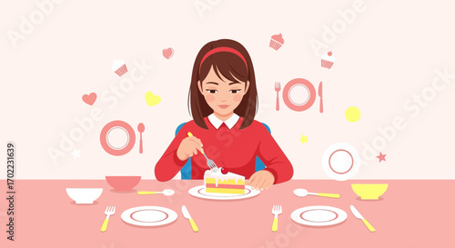 A woman enjoys a slice of cake at a beautifully set table setting illustration