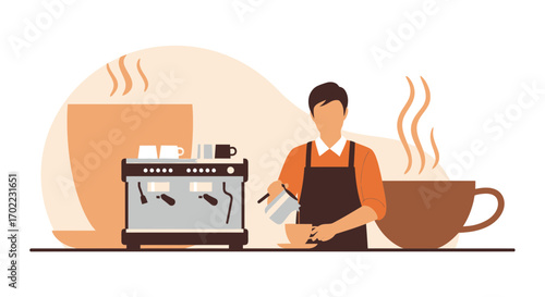 Artistic Illustration Depicting Coffee Culture and Barista Pouring Beverage Skillfully
