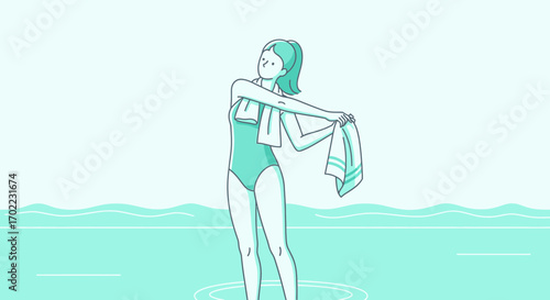 A woman in a swimsuit holding a towel near the water in a minimalist illustration
