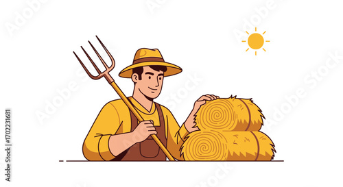 Artistic Illustration Depicting Farmer Harvesting Hay Bales Under A Sunny Sky