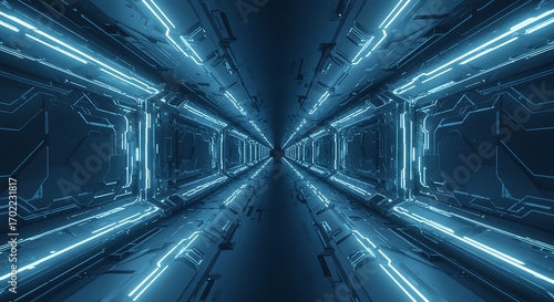 Futuristic Corridor with Blue Neon Lights and Symmetrical Design