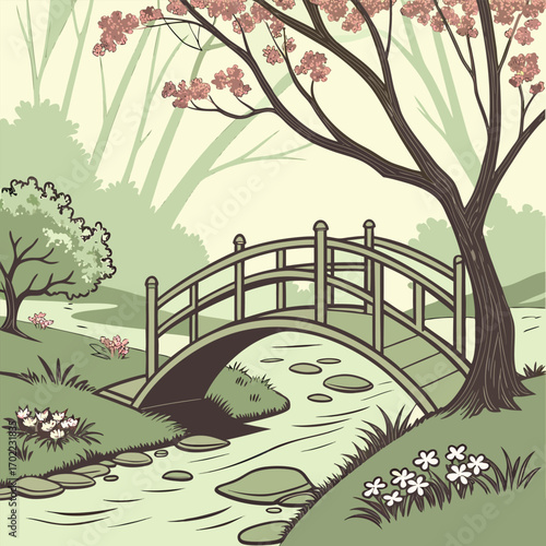 Charming small wooden bridge arching over a gently flowing stream in a serene natural landscape perfect for nature themed designs