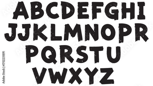 Grunge alphabet font with rough brush strokes and handwritten letters and numbers