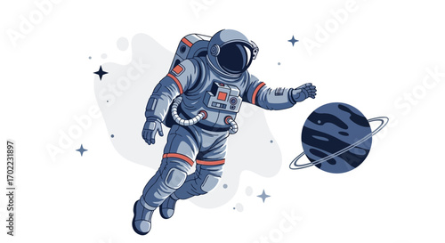 Astronaut Floating in Space Beside a Planet with Rings, Vector Illustration