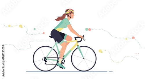 A woman riding bicycle happily, wearing helmet and enjoying the cycling activity