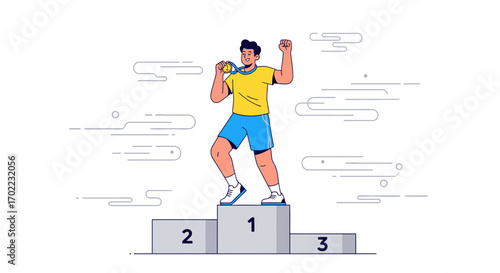 Athlete celebrating victory holding a gold medal standing on a podium in first place