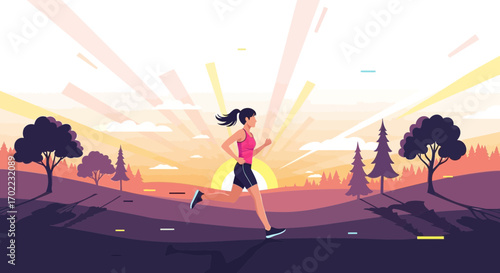 A woman running at sunrise in a beautiful landscape promoting fitness and wellness