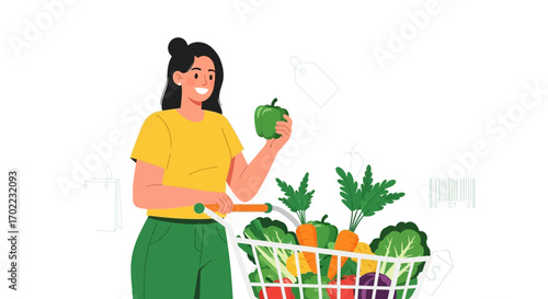A woman shopping for healthy groceries in the supermarket with various vegetables