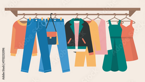 illustration of various types of clothes hanging on a rack vector design template
