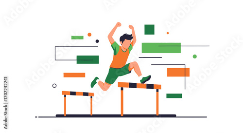Athlete Leaping Hurdles in Stylish, Colorful Vector Illustration on White Background