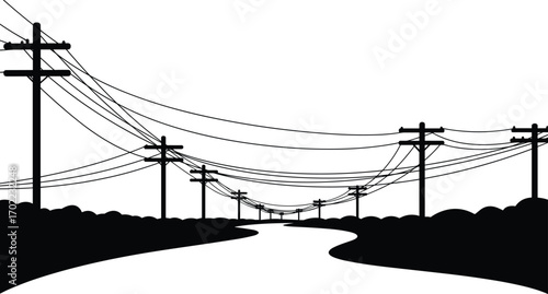 Silhouette of Utility Poles Along Winding Road, Power Lines Overhead, Rural Landscape Scene, Electrical Transmission Infrastructure, Energy Distribution, Vector Illustration, Nature, Outdoors