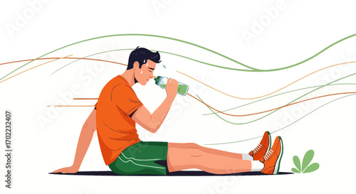 Athlete relaxing and drinking water after a run, vector illustration on white background