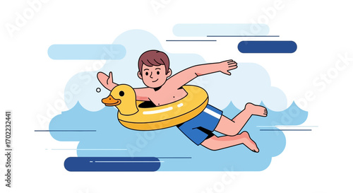 A young boy enjoying summer fun and swimming with a duck floatie in the water