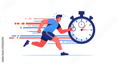 Athlete Running with Stopwatch, Concept of Speed and Time Management Illustration