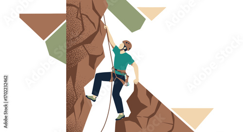 Athlete Scaling Mountain Cliff Face Depicted As Simplified Vector Illustration