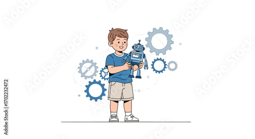 A young boy holding a robot representing technology, innovation and future development