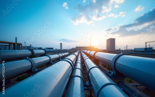 An abstract composition of industrial pipelines under a blue sky, bathed in morning light. High quality