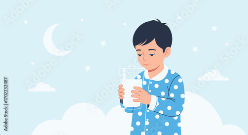 A young boy holding milk glass, dressed in pajamas, ready for deep sleep at night