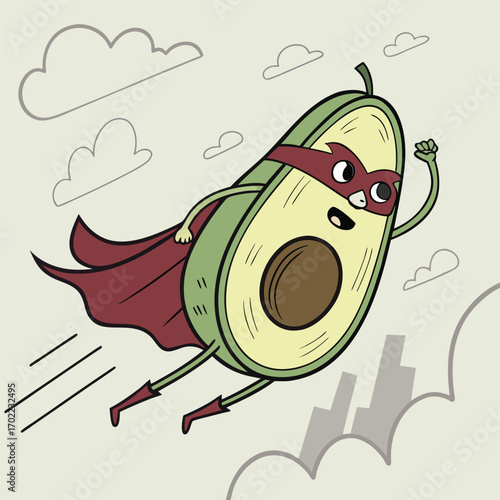 A dynamic and vibrant banner design featuring a superhero avocado in mid flight ready for action perfect for promotional materials and advertising campaigns