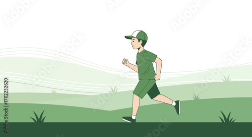 A young boy running in a green landscape, fitness and healthy lifestyle concept
